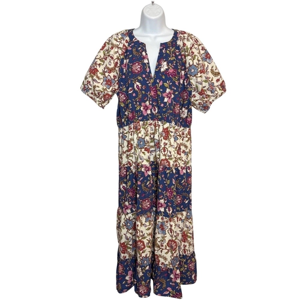 Harlow & Rose Women XL Boho Floral Midi Dress Cotton India Tiered Cottagecore